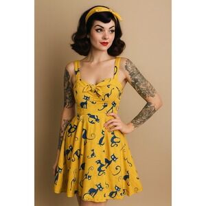 Vtg Dress Ixia Cat Novelty Print Yellow Fit Flare Rockabilly Jazz 50s M